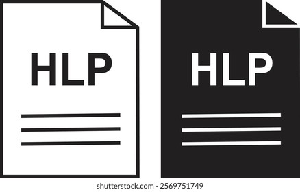 HLP file icon set. HLP file type symbol. File HLP format icon in black filled and outlined style isolated on transparent background. Ideal for technology or data related content, vector illustration.