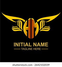 HM Golden Wing Emblem Logo with elegant gold wings, sleek and modern design. Ideal for branding, creative projects, luxury businesses, or artistic ventures.