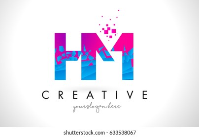 HM H M Letter Logo with Broken Shattered Blue Pink Triangles Texture Design Vector Illustration.