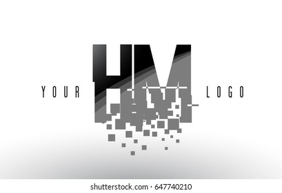 HM H M Pixel Letter Logo with Digital Shattered Black Squares. Creative Letters Vector Illustration.