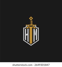 HM monograma inicial para imagem em estilo escudo e espada