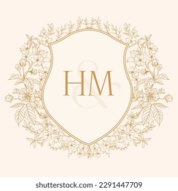 HM Initial Wedding Monogram Logo Crest, Hochzeitslogo Design, Custom Wraath, Crest Initial Wedding Logo