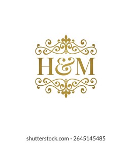 HM initials logo ornament gold. Letter HM wedding ampersand or business partner symbol