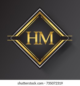 HM Letter logo in a square shape gold and silver colored geometric ornaments. Vector design template elements for your business or company identity.
