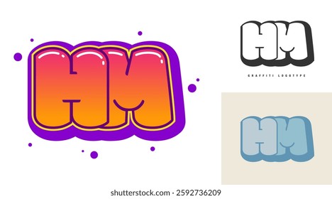 HM logo design for festival or party. Initial letter h and m in graffiti style. Creative modern lettering company name of font typography. Kids trendy logotype or identity. Vector illustration.