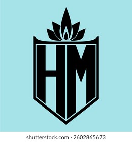 HM Logo featuring a minimalist design with a crown-like flower symbol on top, bold black elements, and a soft blue background, perfect for branding and modern visual identity.