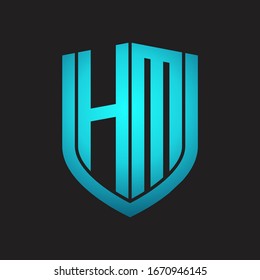 HM Logo monogram with emblem shield design isolated with blue colors on black background