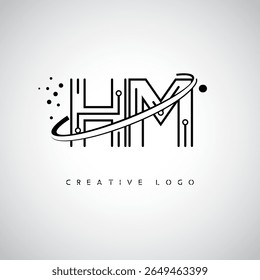 HM Orbit Monogram Logo - Futuristic Minimal Letter mark with Circular Line Art, Tech-Inspired Dots and Space Motion Concept for Modern Branding Identity (Logotipo de Monograma de Órbita HM - Marca de Letra Mínima Futurista com Linha de Arte Circular, Pontos Inspirados na Tecnologia e Conceito de Movimento Espacial para Identidade de Marca Moderna)