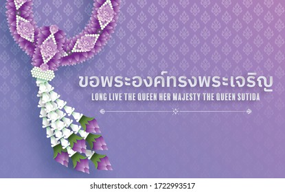 H.M. Queen Suthida Bajrasudhabimalalakshana's Birthday. long live the queen. Queen of thailand with craft style on background.( Thai translation : long live the queen )