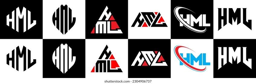 HML letter logo design in six style. HML polygon, circle, triangle, hexagon, flat and simple style with black and white color variation letter logo set in one artboard. HML minimalist and classic logo