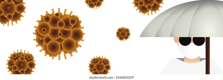 HMPV or human metapneumovirus outbreak. Illustration of a person using a mask and an umbrella for prevention, spread and treatment of HMPV virus. Medical concept on white background