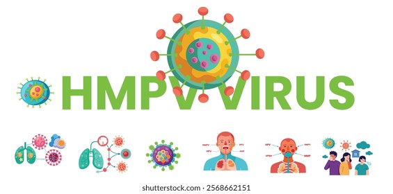 HMPV virus banner, Human Metapneumovirus respiratory virus vector ,HMPV virus outbreak, virus floating in a cellular environment vector background