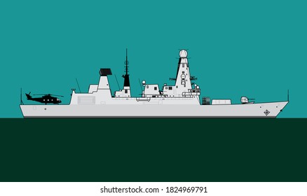 HMS Daring. Modern warship. Royal navy type 45 Daring class guided missile destroyer. Vector image for illustrations and infographics.