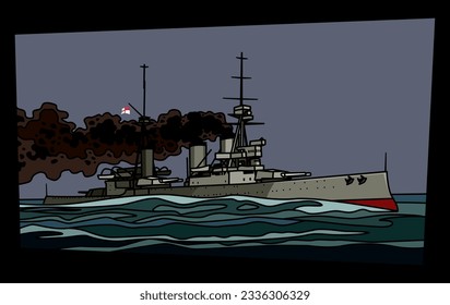 Viejo buque de guerra en mares tormentosos. Imagen vectorial para impresiones, afiches e ilustraciones.