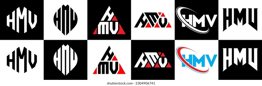 Diseño del logotipo de letras HMV en seis estilos. Polígono HMV, círculo, triángulo, hexágono, de estilo plano y sencillo con el logotipo de la letra de variación en color blanco y negro en un tablero. Logo minimalista y clásico de HMV