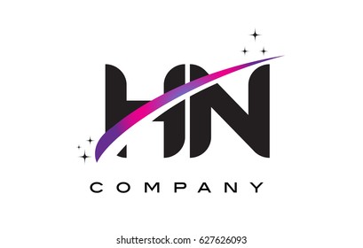 HN H N Black Letter Logo Design with Purple Magenta Swoosh and Stars.