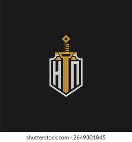 HN monograma inicial para imagem de escudo e espada
