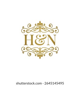 HN initials logo ornament gold. Letter HN wedding ampersand or business partner symbol