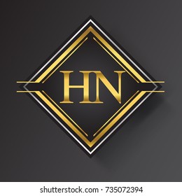HN Letter logo in a square shape gold and silver colored geometric ornaments. Vector design template elements for your business or company identity
