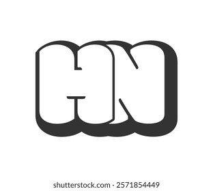 HN logo, bubble comic lettering, rounded in graffiti style black and white silhouette. Trendy preschool H and N letter text for festival party, personal initials, children funky print and web. 