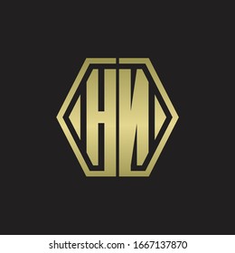 HN Logo monogram with hexagon line rounded design template with gold colors