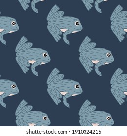 Hnad drawn seamless marine animal zoo pattern with doodle frogs elements. Navy blue background. Flat vector print for textile, fabric, giftwrap, wallpapers. Endless illustration.