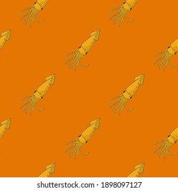 Hnad drawn yellow abstract squids ornament seamless pattern. Orange bright background. Perfect for wallpaper, textile, wrapping paper, fabric print. Vector illustration.