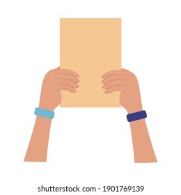 hnads holding a blank protesting placard over white background, colorful design, vector illustration