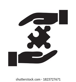 hnads with jigsaw piece icon over white background, silhouette style, vector illustration