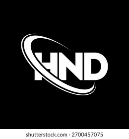 Logotipo de HND. Carta HND. Diseño de logotipo de letra HND. Logotipo de HND inicial enlazado con el círculo y el logotipo del monograma en mayúsculas. Tipografía HND para tecnología, negocio y marca inmobiliaria.