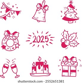 Hnd-drawn Christmas icons and illustrations featuring festive gifts, stockings, candles, wreaths, and more. Perfect for cards, posters, and holiday projects with a cozy, personal touch!