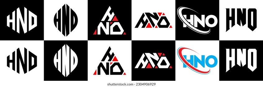 HNO letter logo design in six style. HNO polygon, circle, triangle, hexagon, flat and simple style with black and white color variation letter logo set in one artboard. HNO minimalist and classic logo