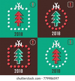 HNY 2018 Logo Lettering over Fir Tree Happy New Year Creative Concept Greeting Icons Set - Black Brown Green Red White Elements on Dots Wallpaper Background - Vector Mixed Graphic Design