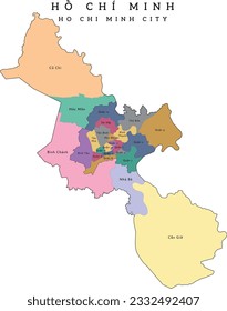 Ho Chi Minh City (Hồ Chí Minh) municipality of Vietnam administrative divisions map. Clored. Vectored. Cream colors