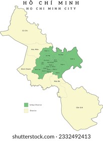 Ho Chi Minh City (Hồ Chí Minh) municipality of Vietnam administrative divisions map. Clored. Vectored. Types of districts