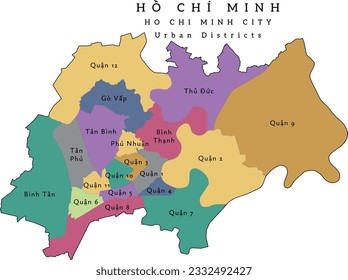 Ho Chi Minh City (Hồ Chí Minh) municipality of Vietnam administrative divisions map by Urban Districts. Clored. Vectored. Cream colors