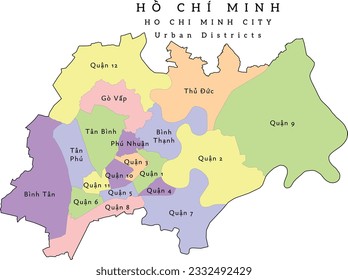 Ho Chi Minh City (Hồ Chí Minh)  municipality of Vietnam administrative divisions map by Urban Districts. Clored. Vectored. Bright colors