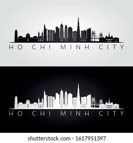 Ho Chi Minh City skyline and landmarks silhouette, black and white design, vector illustration.  