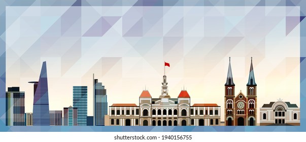 Ho Chi Minh City skyline vector colorful poster on beautiful triangular texture background