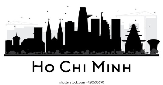 Ho Chi Minh City skyline black and white silhouette. Vector illustration. Simple flat concept for tourism presentation, banner, placard or web site. Business travel concept. Isolated Ho Chi Minh