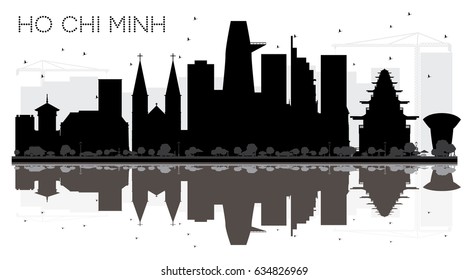 Ho Chi Minh City skyline black and white silhouette with reflections. Vector illustration. Simple flat concept for tourism presentation, banner, placard or web site. 