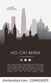 Ho Chi Minh city template for website, presentation, front page, invitation, publication sheet with skyline, landmarks. Vector Vietnam image layout, simple and grayscale