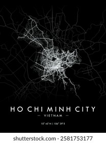 Ho Chi Minh City vector map in black. Detailed map of Ho Chi Minh City in Vietnam. Best free vector illustration. Tourist decorative street map.