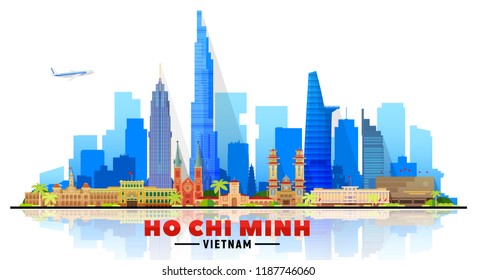 Horizonte da cidade de Ho Chi Minh (Vietnã) com panorama em fundo branco. Ilustração vetorial. Conceito de viagens de negócios e turismo com edifícios modernos. Imagem para banner ou site.