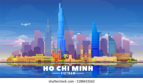 Cidade de Ho Chi Minh (Vietnã) horizonte com panorama em fundo branco. Ilustração vetorial. Conceito de viagens de negócios e turismo com edifícios modernos. Imagem para banner ou site.