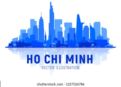 Silhueta de horizonte da cidade de Ho Chi Minh (Vietnã) com panorama em fundo branco. Ilustração vetorial. Conceito de viagens de negócios e turismo com edifícios modernos. Imagem para banner ou site.