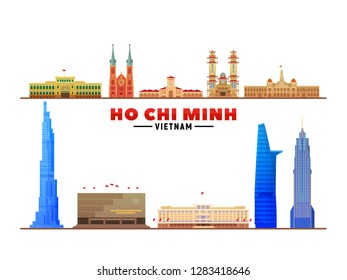 Ho Chi Minh city (Vietnam) top landmarks at white background. Vector Illustration. Business travel and tourism concept with modern buildings. Image for banner or web site.