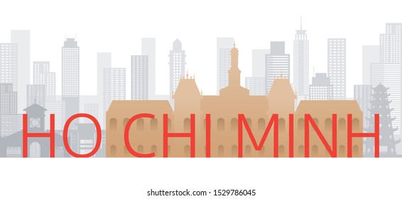 Ho Chi Minh City, Vietnam Skyline Landmarks with Text or Word, Famous Place and Historical Buildings, Travel and Tourist Attraction