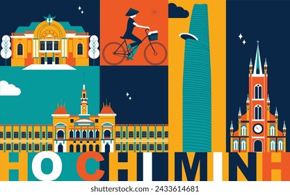 Ho Chi Minh culture travel set, video split screen, famous architecture in flat design. Business travel, tourism concept clipart. Image for presentation, banner, website, advert, flyer, roadmap, icon