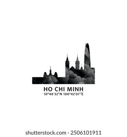 Ho Chi Minh panorama, vector badge, skyline logo and icon. Vietnam metropolitan city horizon logotype with landmarks and building silhouettes. Isolated foggy abstract gradient graphic